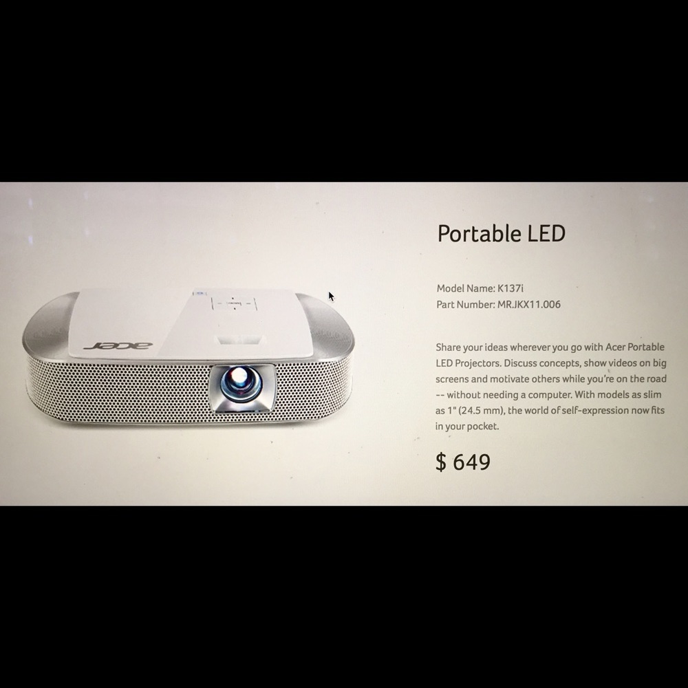 ACER K137i PORTABLE LED PROJECTOR MR.JKX11.006