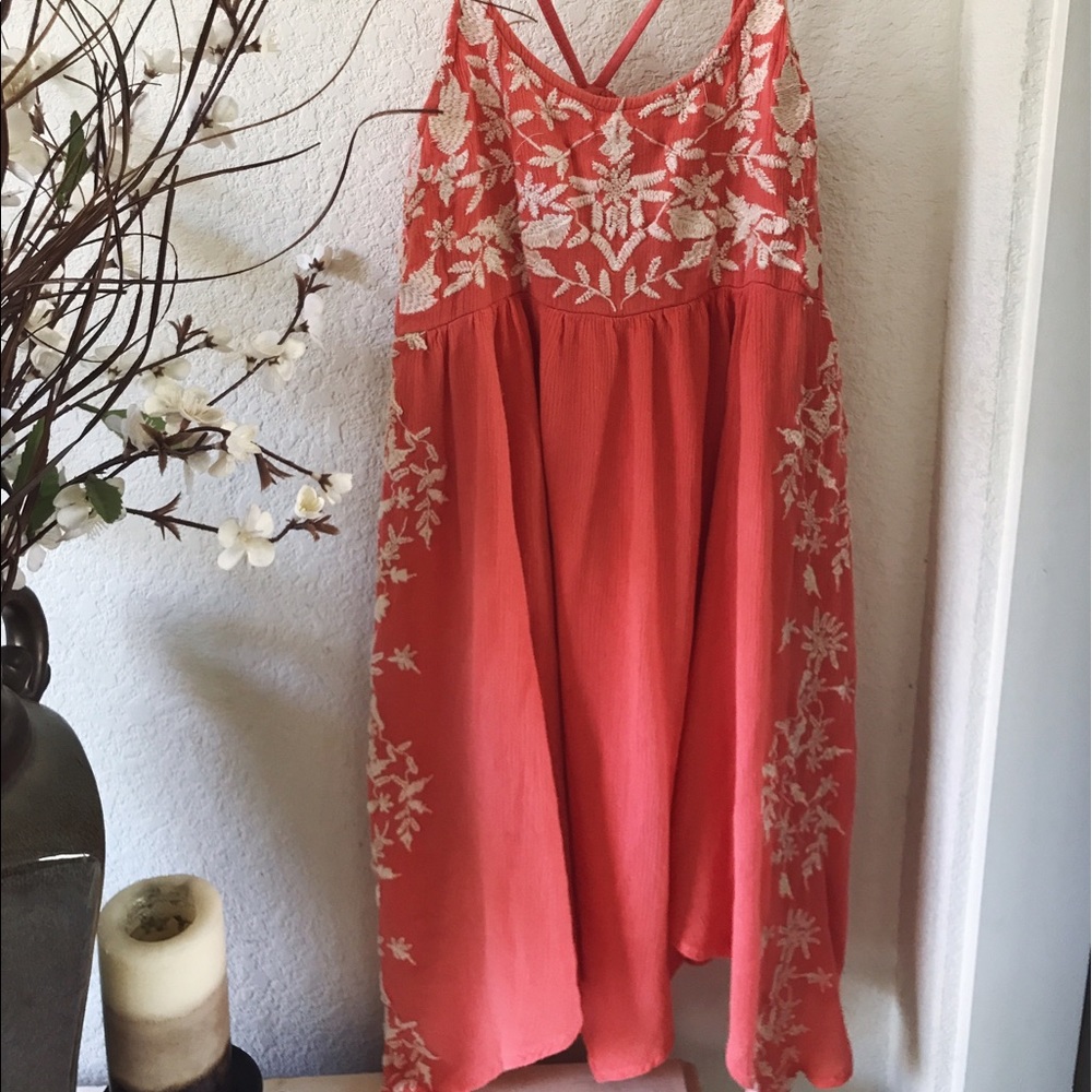 Coral dress w/ beautiful cream embroidered design
