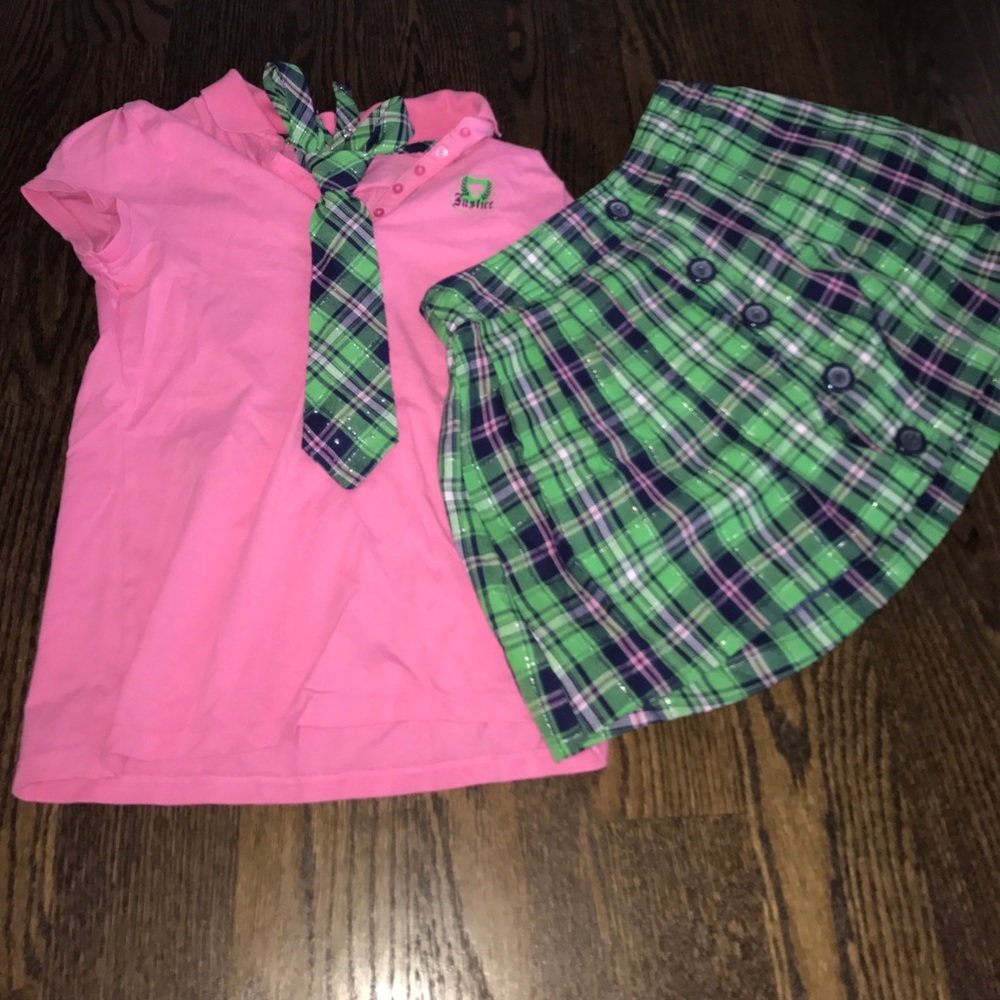 Adorable set. Pink shirt with plaid tie and skirt