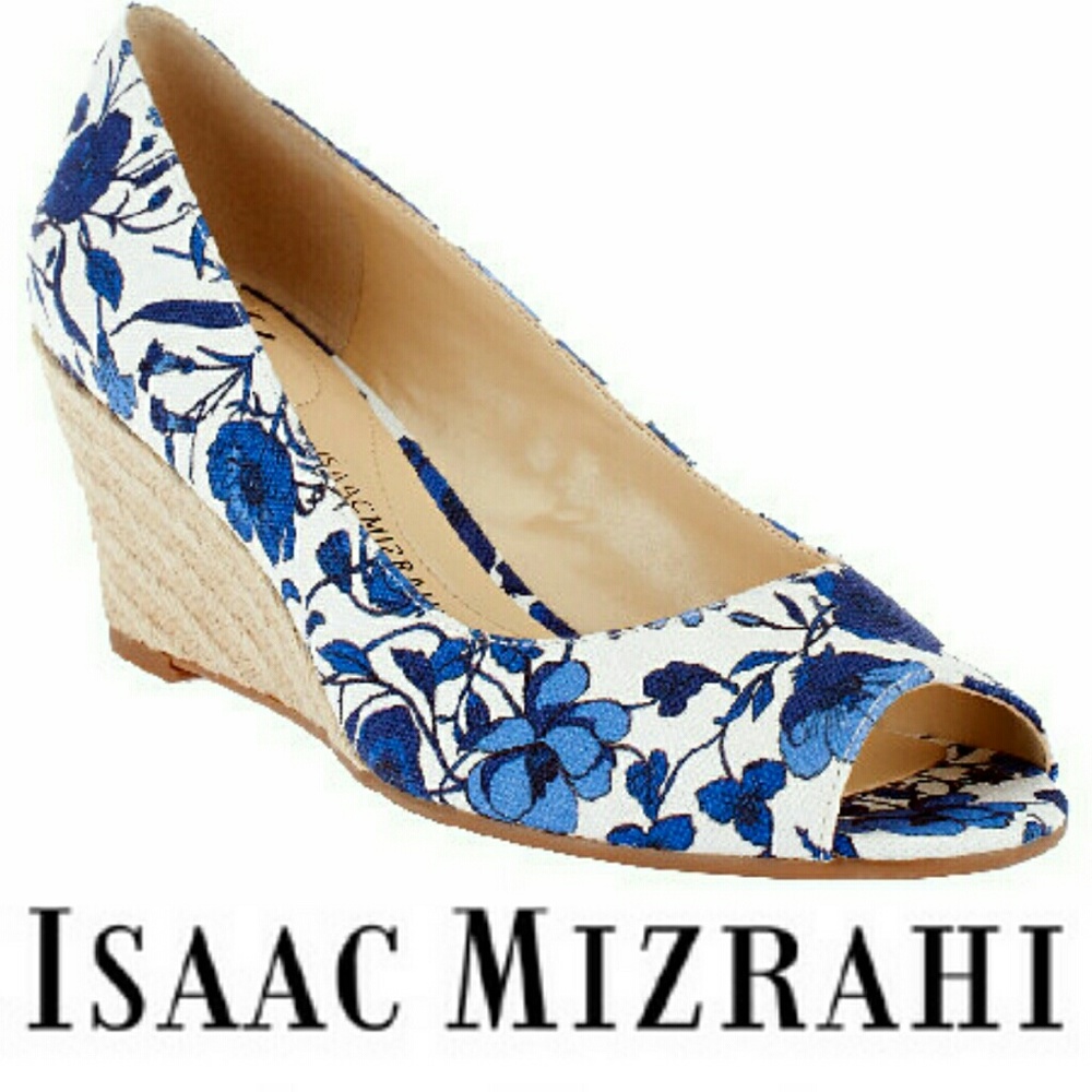 Isaac Mizrahi Blue Floral Peep Toe Canvas Wedges