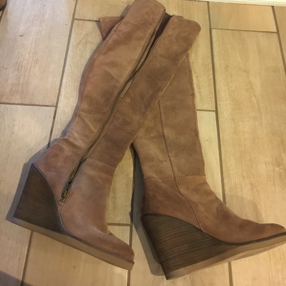Tan over the knee wedge boots