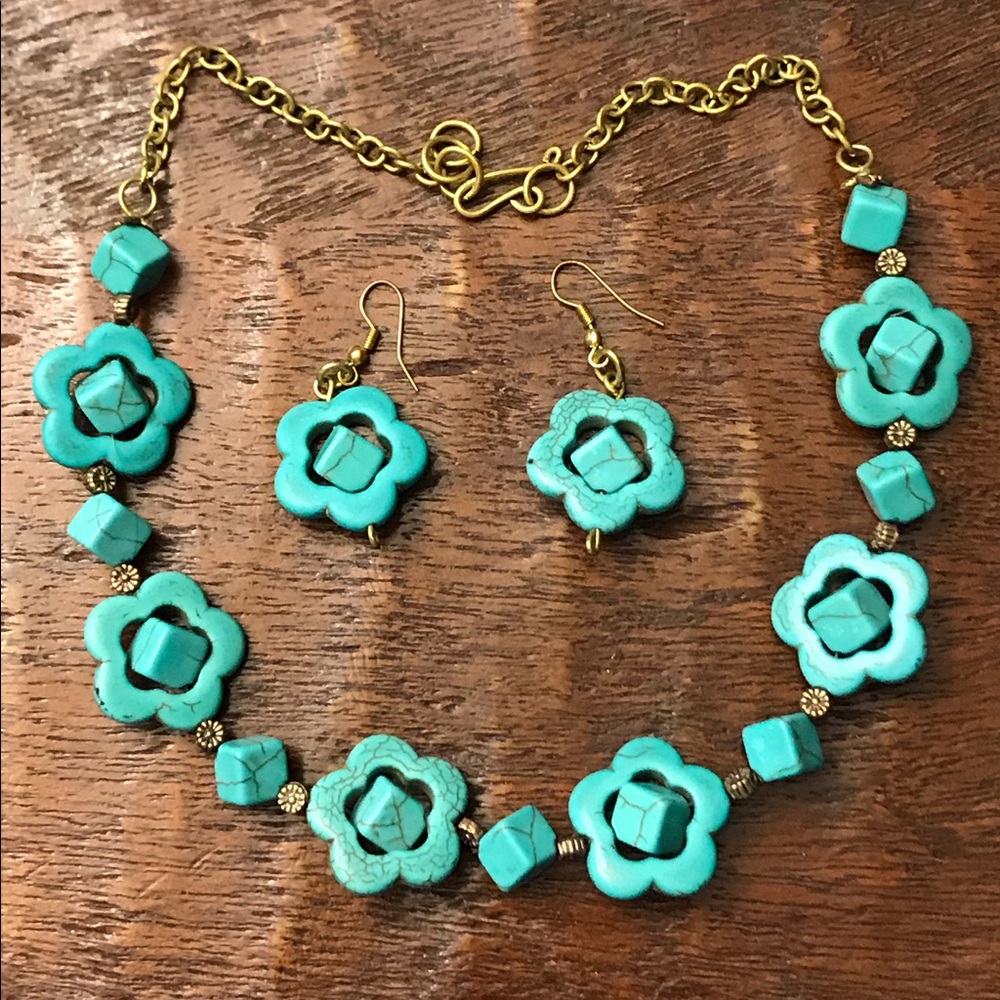 Turquoise flower necklace & earrings