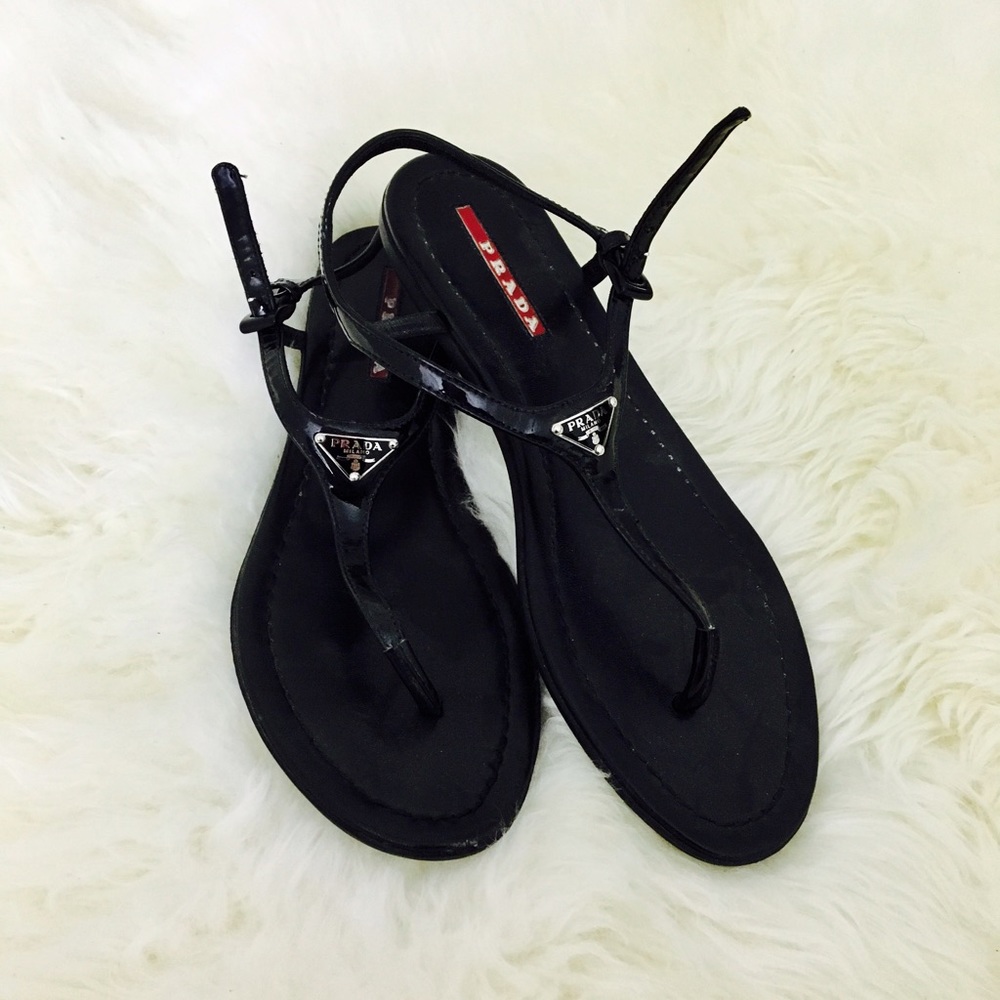 Prada Black Patent Leather Thong Sandals
