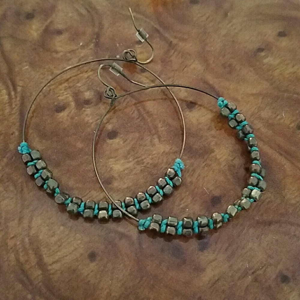 Teal and bronze hoop earrings