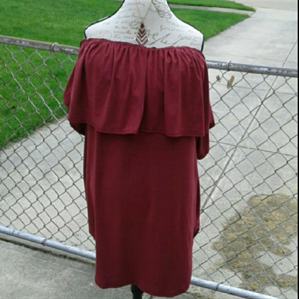 Burgandy stretch suede cold shoulder dress