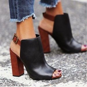 Black and brown open booties