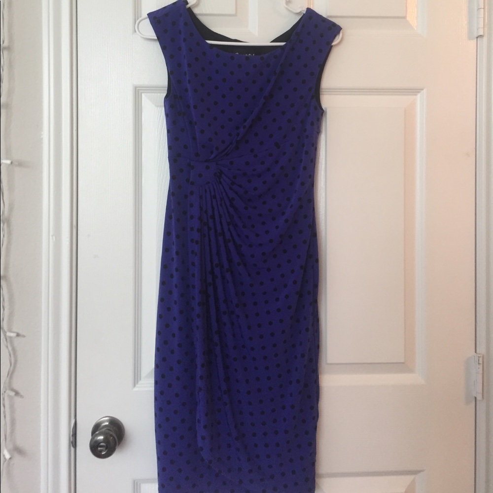 Purple. Blue polka dot dress.