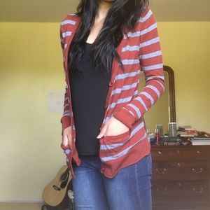Striped Button Down Cardigan (Maroon/Grey)