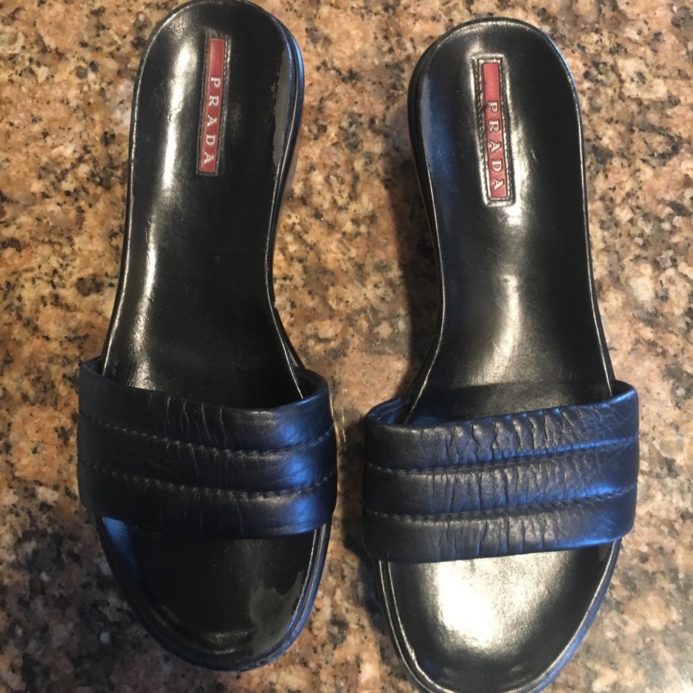 Prada Leather Wedge Slides
