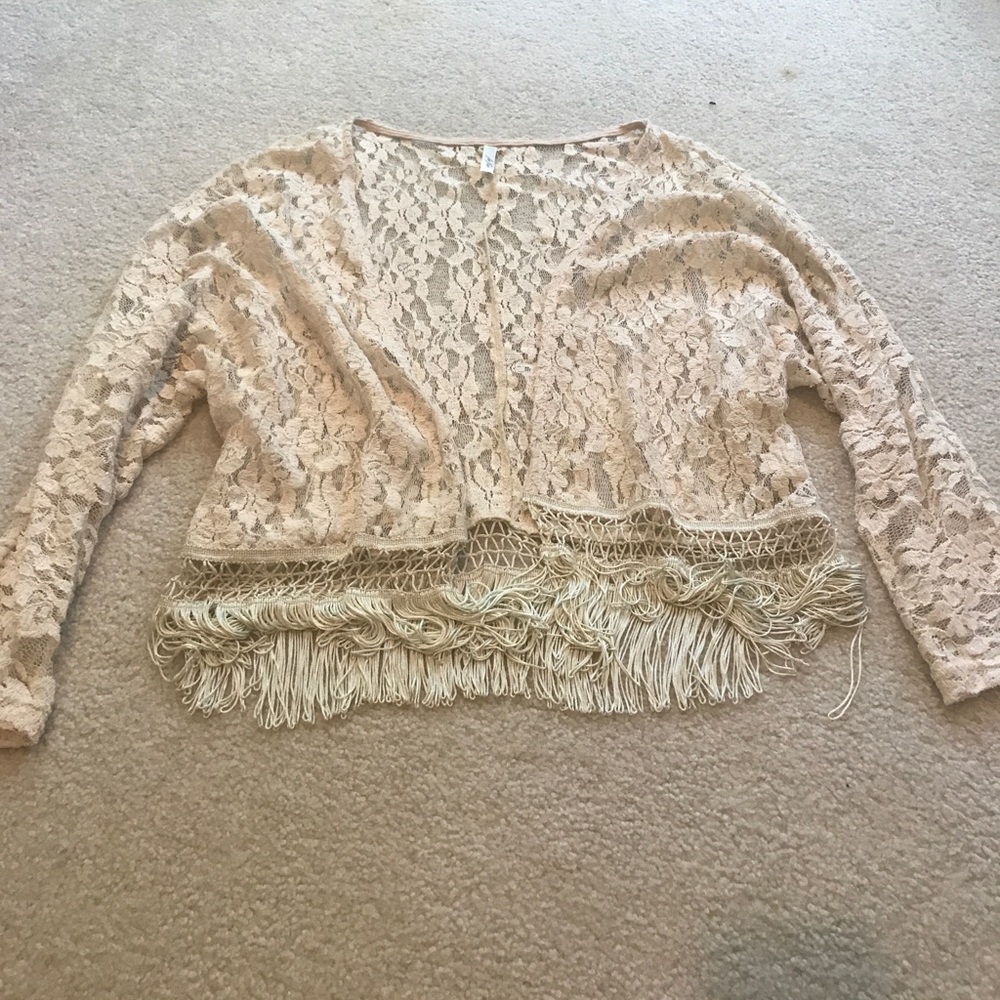 Creme lace and fringe sweater