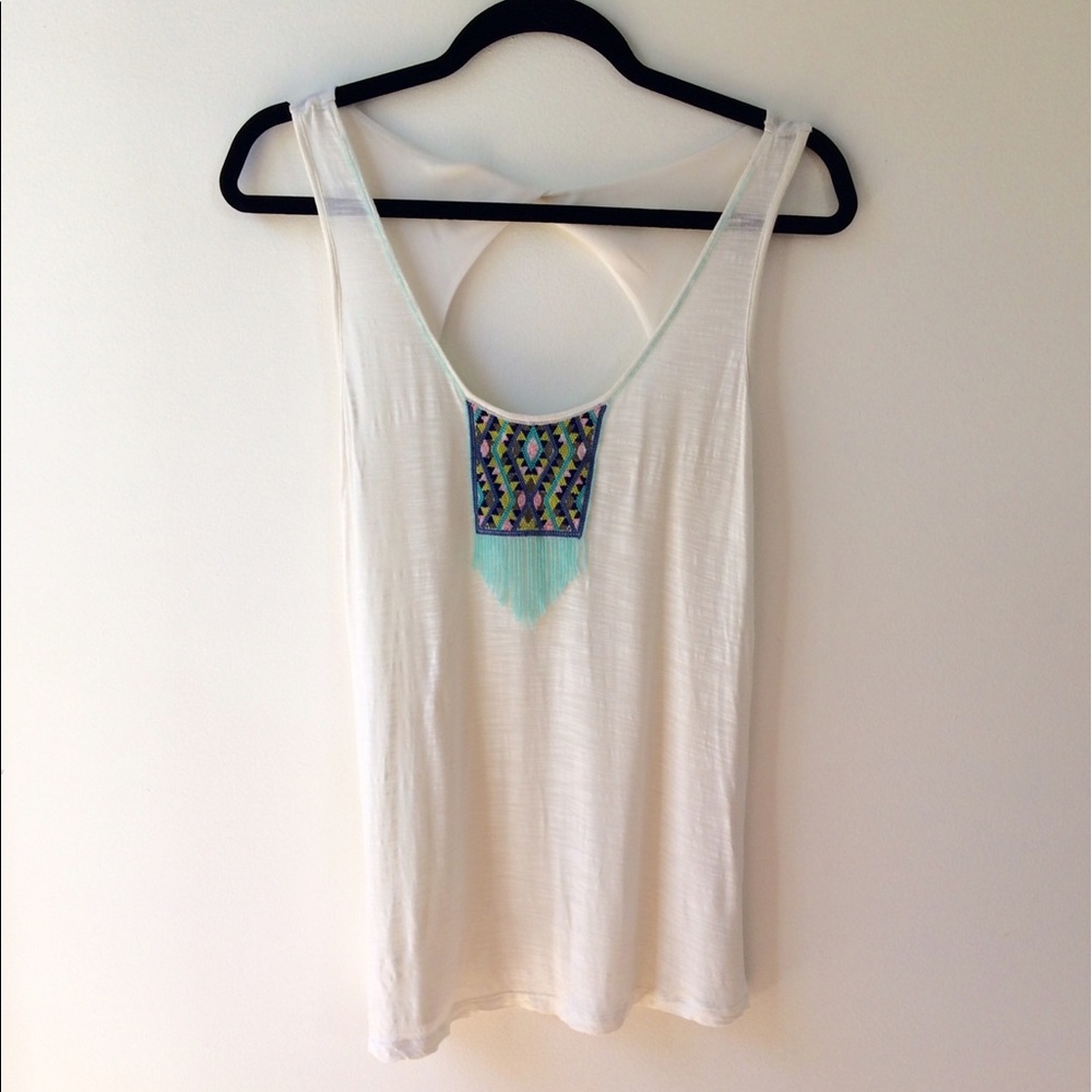 AEO white Aztec bead fringe cutout back tank top