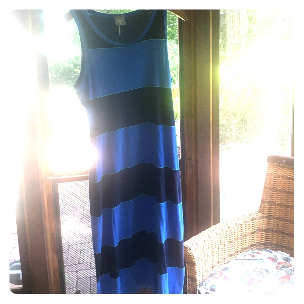 Bold blue striped midi cotton t-shirt dress