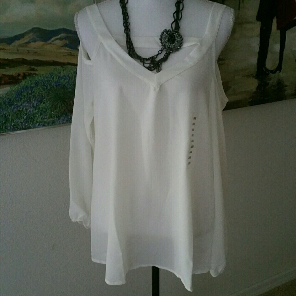 Creme long sleeved semisheer cold shoulder top
