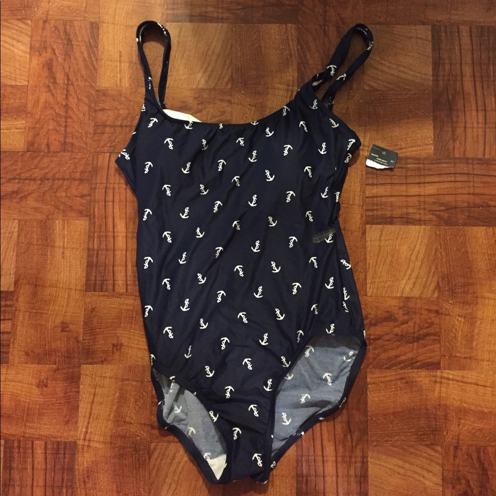 Navy and white one piece swimming suit.
