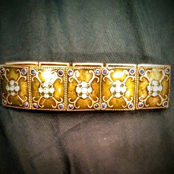 💲STUNNING JEWELED BRACELET OLIVE GREEN WITH AQUA - Picture 2 of 4