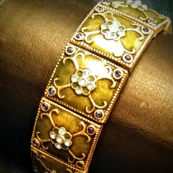 💲STUNNING JEWELED BRACELET OLIVE GREEN WITH AQUA - Picture 3 of 4