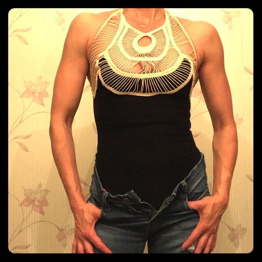 Sexy Black bodysuit with attached crochet bib