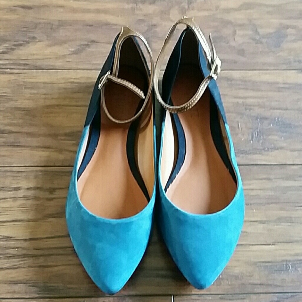 Schutz turquoise & black flats, size 6