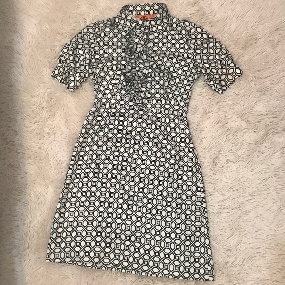 Tory burch geometric ruffle silk dress