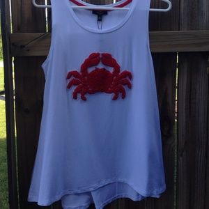 Women's white tank top with a red crab on front