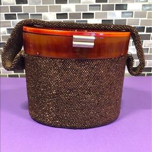 Vintage round purse w/ copper beading/Bakelite top