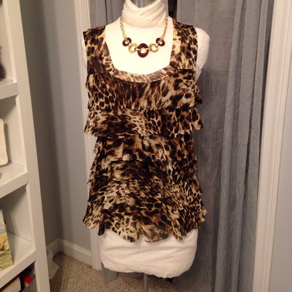 NY Collection Tops - Sleeveless Ruffled Animal Print Blouse