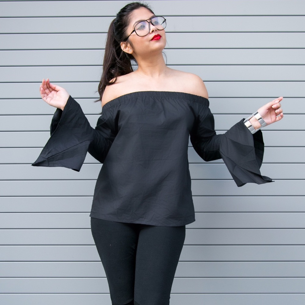 Black flare-sleeve off-shoulder top