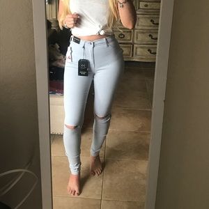 High waist powder purpley blue stretch jeans