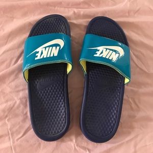 Dark Blue, Teal, & Yellow Nike Slides