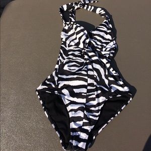Zebra print one piece bathing suit.