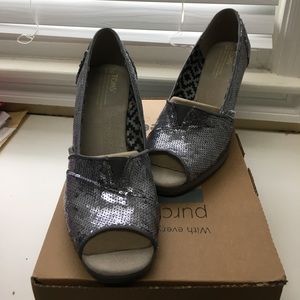 TOMS pewter sequin wedges