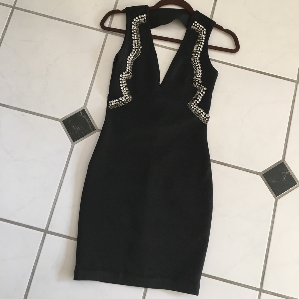 Black V neck Dress with Rhinestones!
