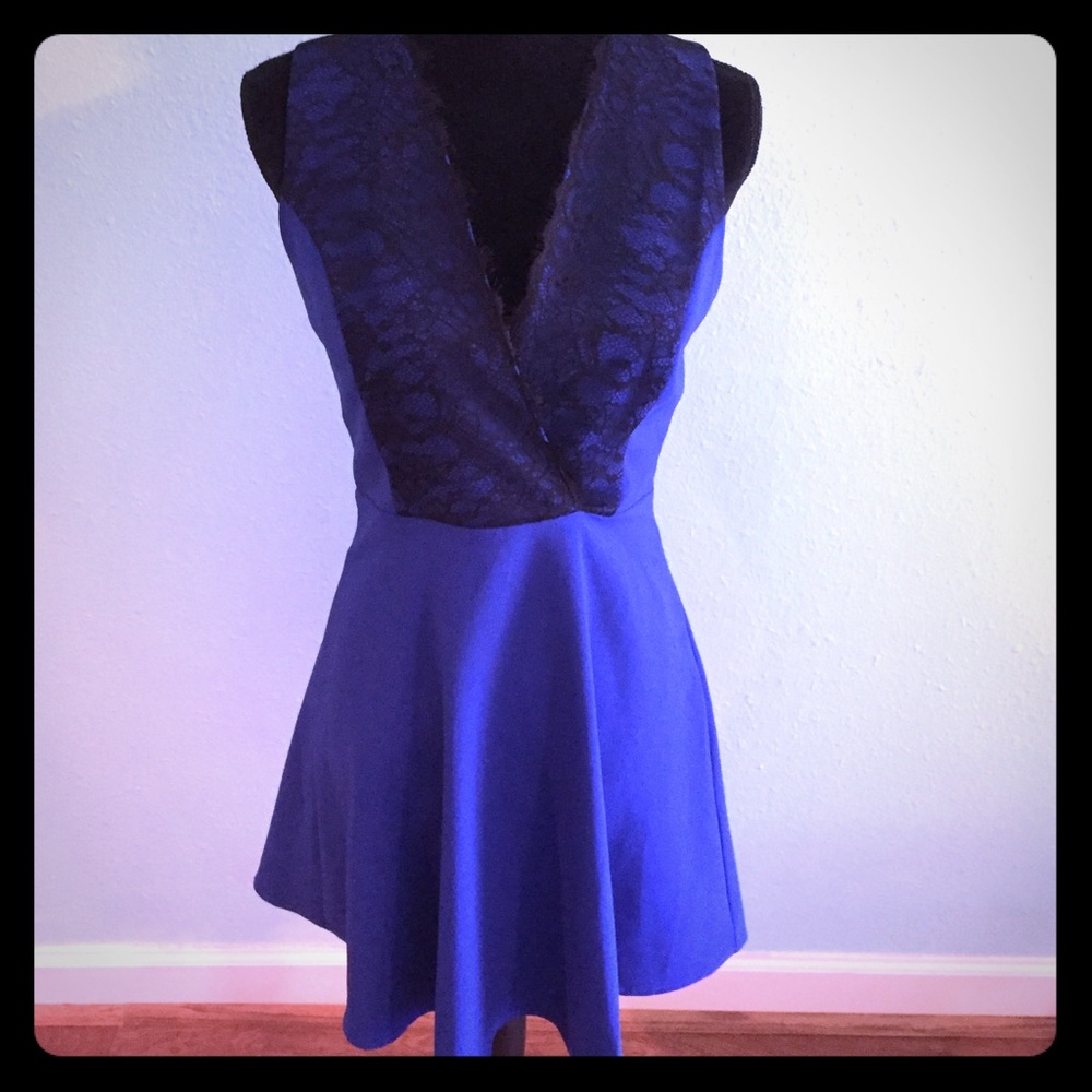 Blue Fit and Flare Dress with Black Lace Accents