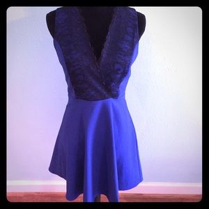 Blue Fit and Flare Dress with Black Lace Accents