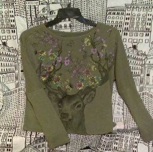 Green floral deer long sleeved shirt