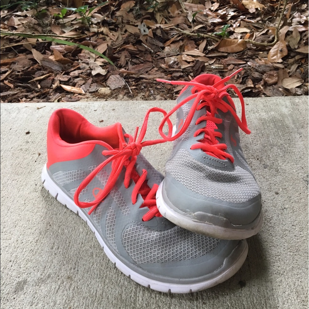 Pink and grey champion tennis shoes