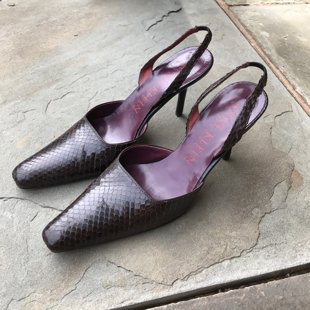 Brown snakeskin sling back heels