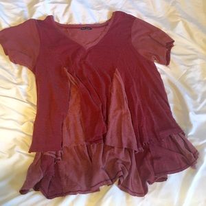 Basil Lola boho distressed maroon swing shirt