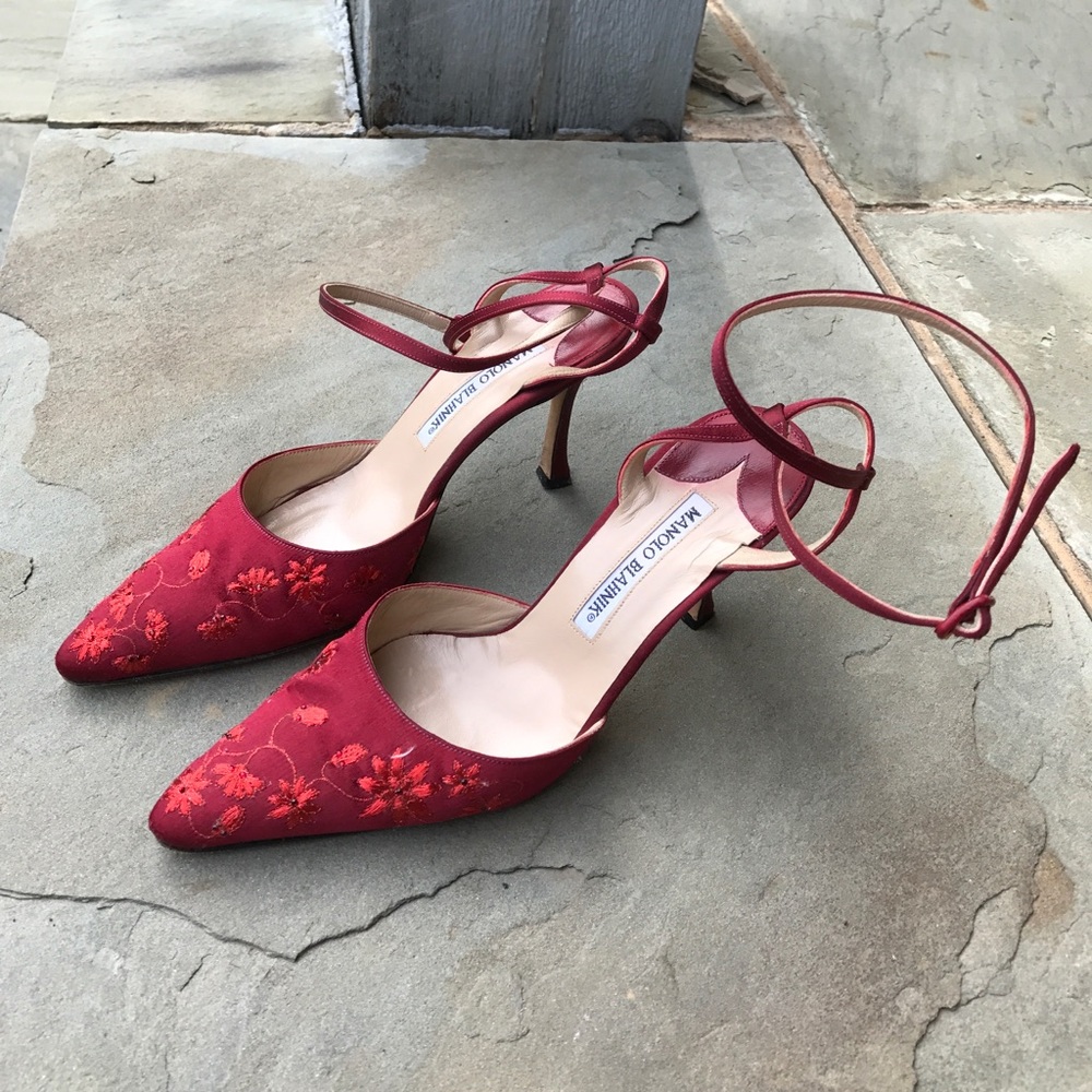Red floral Manolo Blahnik heels with ankle strap