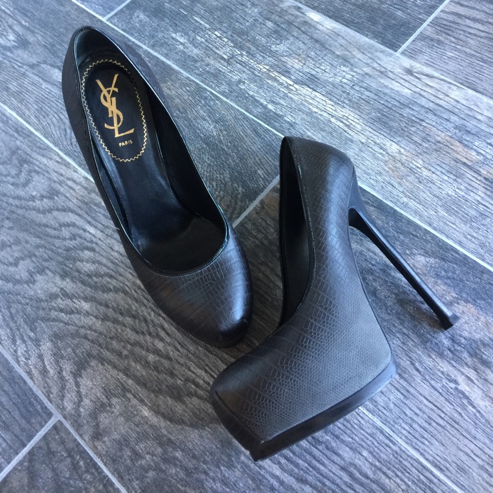 YSL Black Croc Embossed Tribute Heels