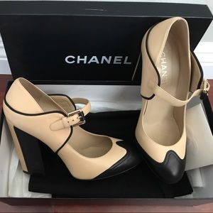 Chanel Beige Black Mary Jane Heels