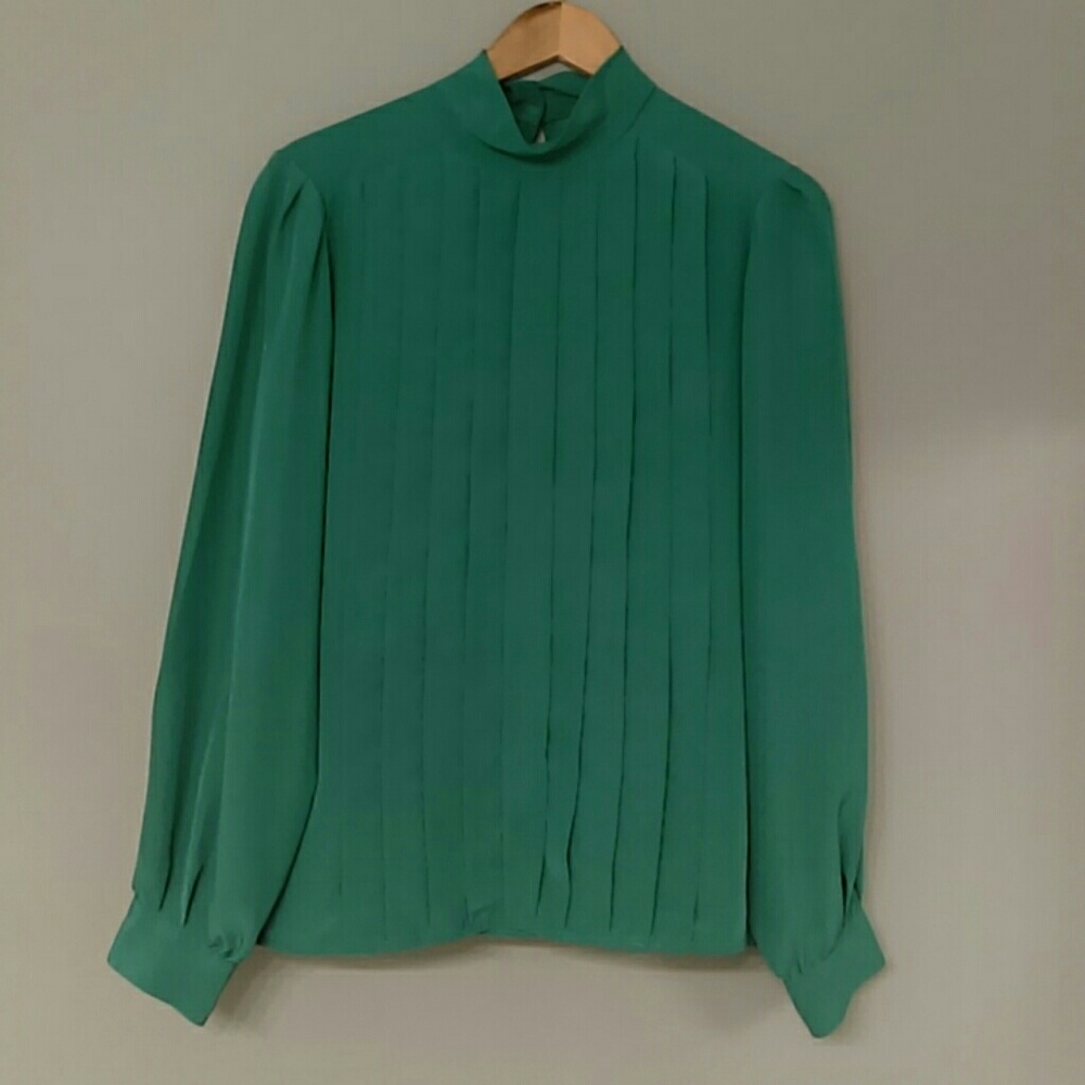 Vintage Pleated Green Office Blouse