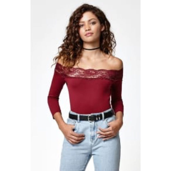 LA Hearts Tops - LA Hearts Red Lace Off The Shoulder Top