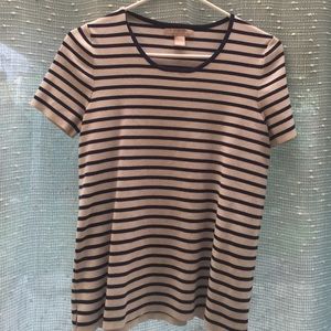 Short sleeved blue and white striped shirt