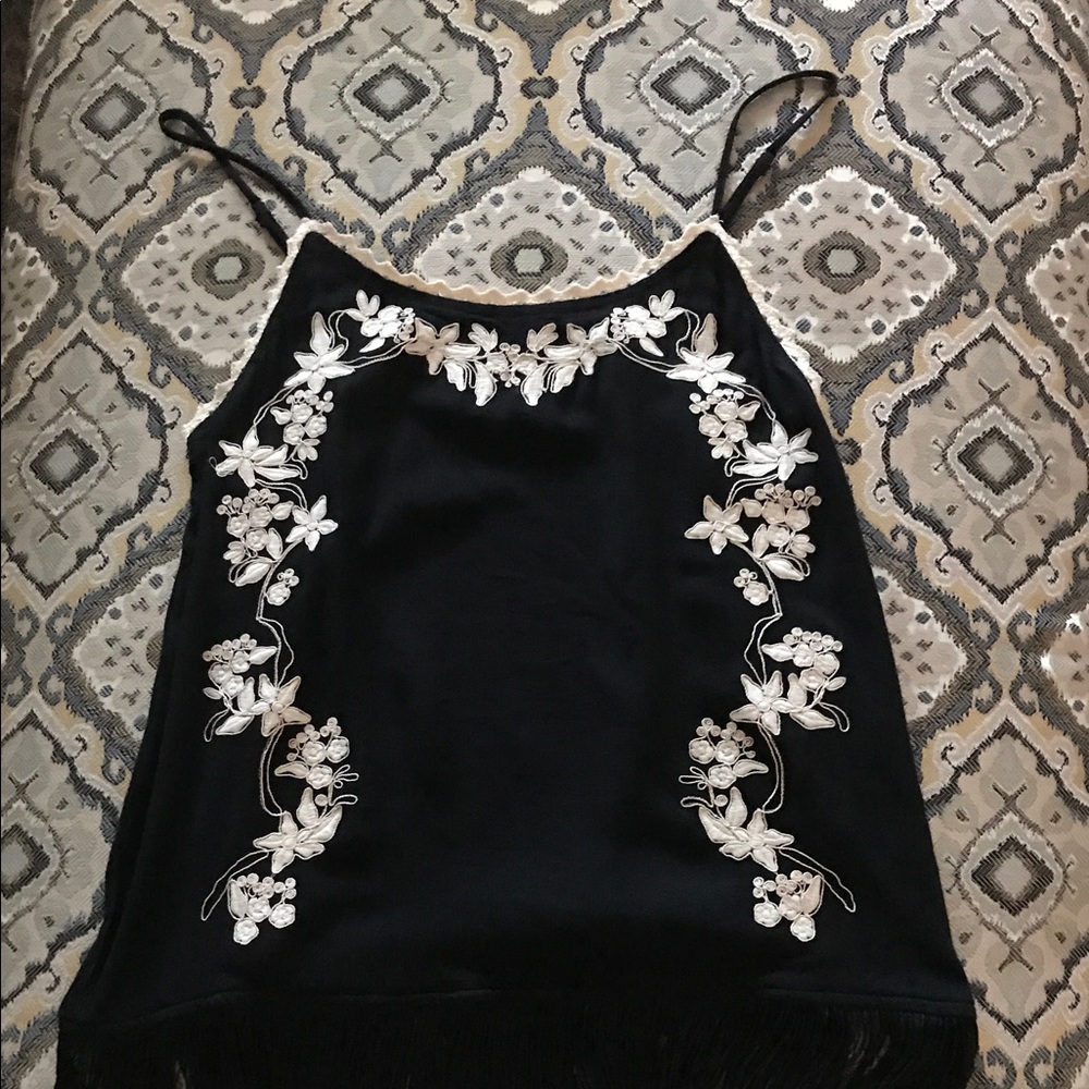 Black Tank with Floral and Fringe Detail