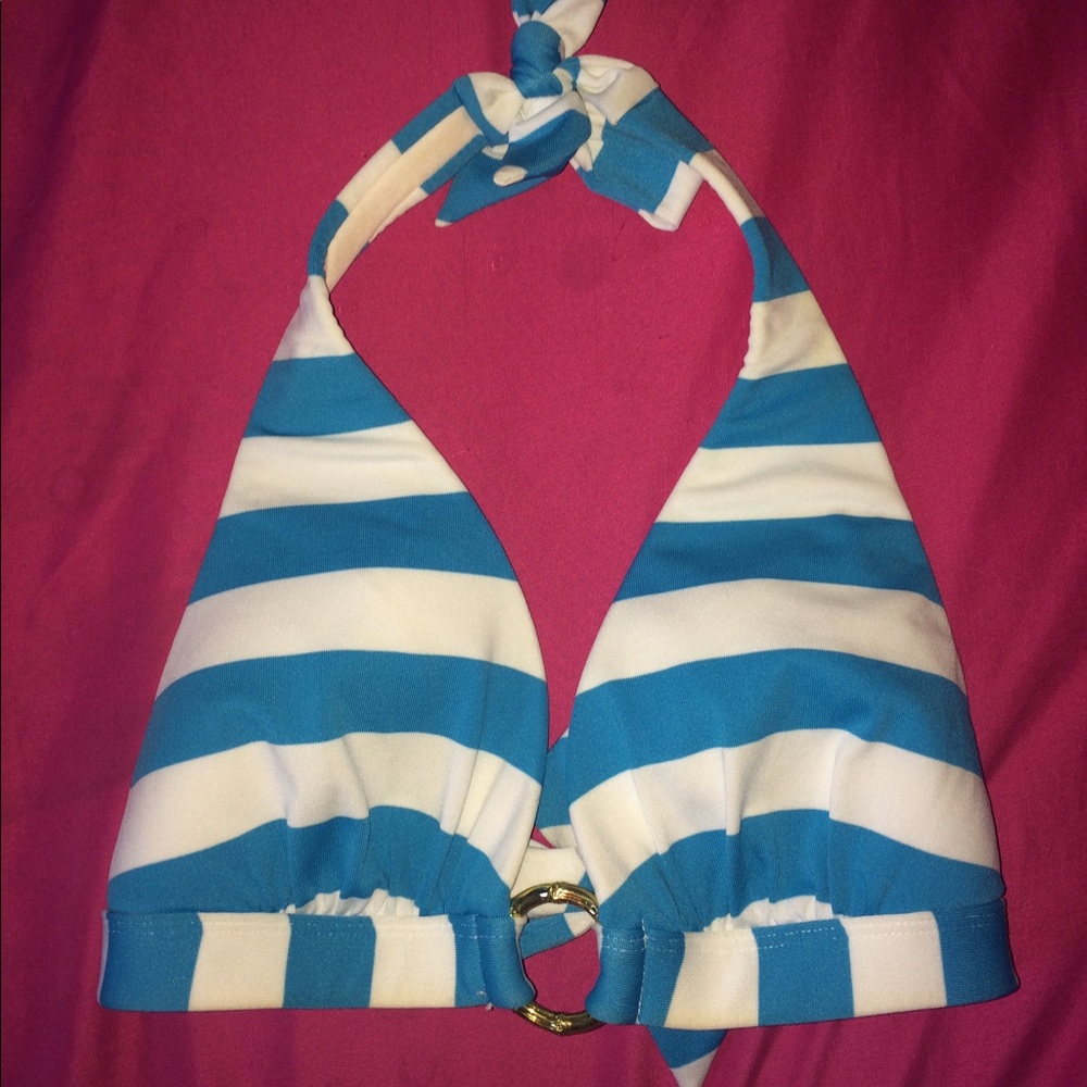 blue and white striped bathing suit top