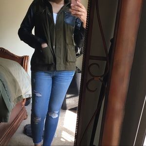 Olive green and faux leather utility jacket