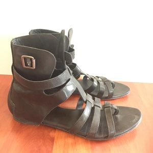 All Saints black leather gladiator sandals.
