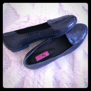 Fresh from Paris! Navy snake skin loafers.