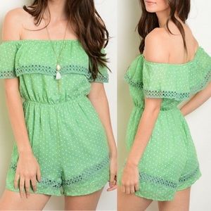 Green Polka Dot Off the Shoulder Romper